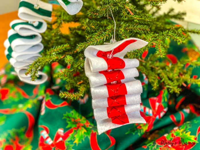 Red and white and green and white ribbon candy ornaments