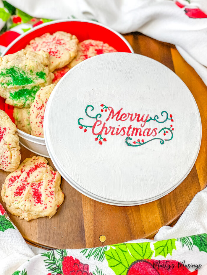 Painted Merry Christmas tin with sugar cookies