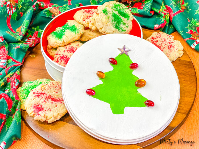 Painted Christmas tree tin with sugar cookies