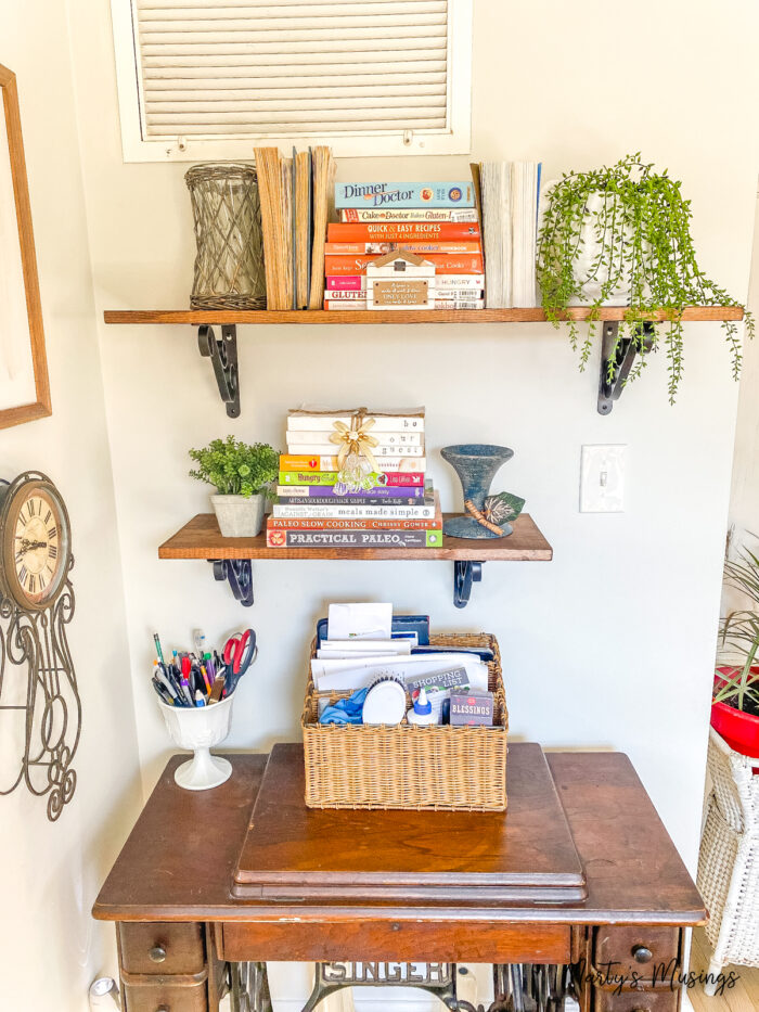 shelves filled with winter decorations and books