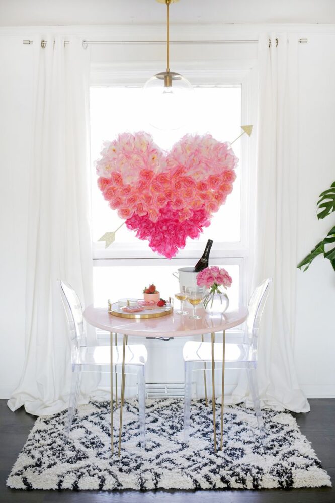 Pink red and white ruffled heart window decoration
