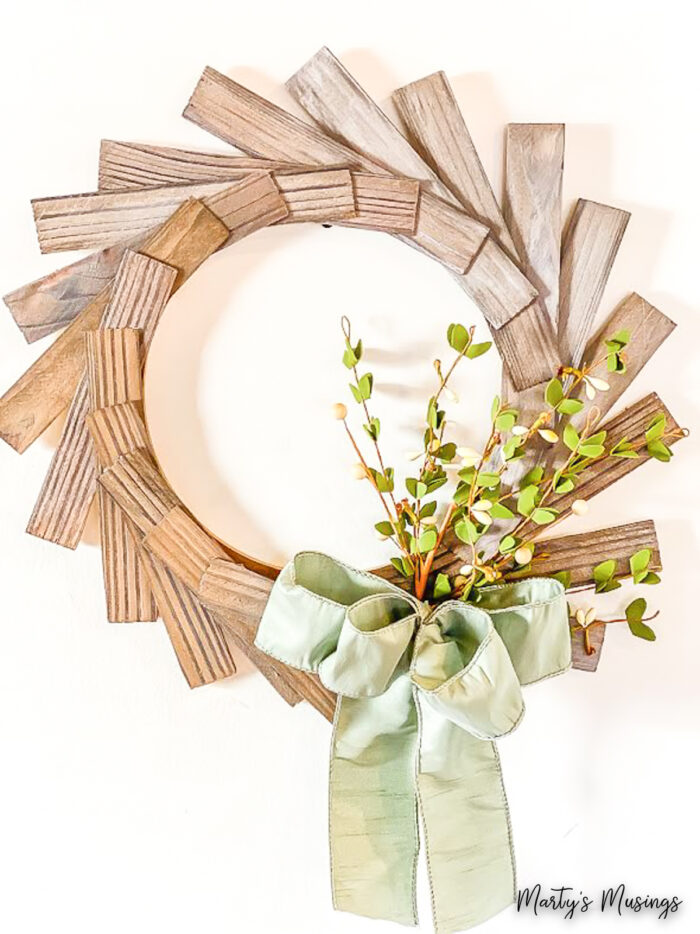 Wreath made of stained wood shims