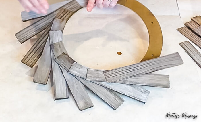 Wood shims attached to wood wreath form