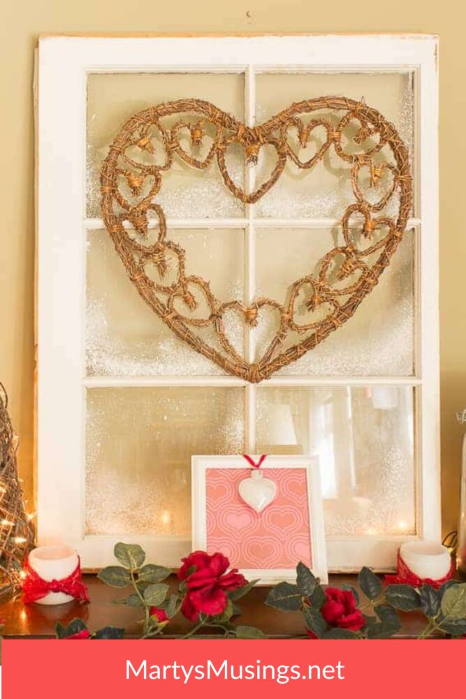 Wicker heart hanging on rustic window on piano