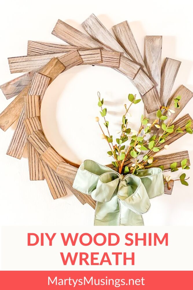 DIY wood shim wreath with spring flowers and ribbon