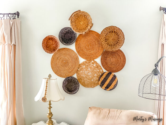 Baskets and woven mats form a basket wall