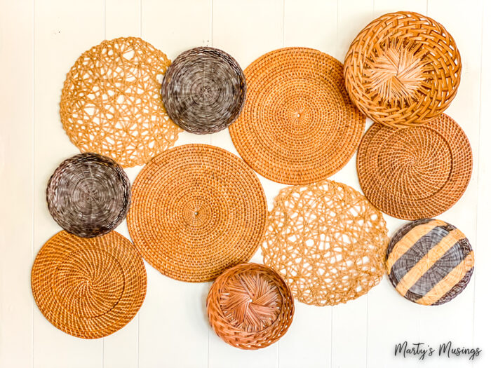 Basket wall made from woven large round chargers and paper plate holders