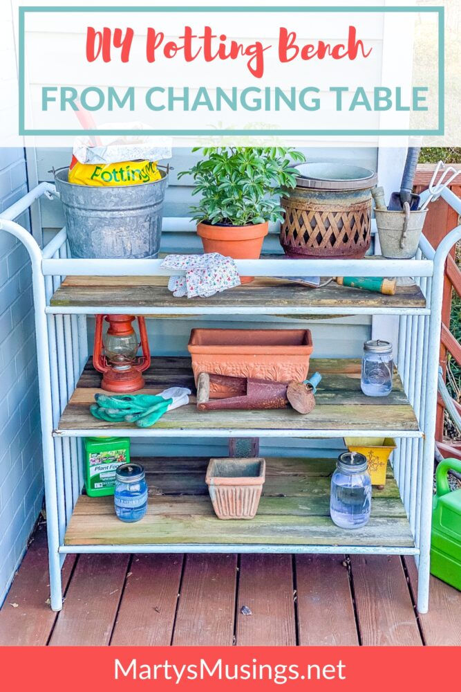 DIY potting bench from changing table with garden tools and accessories 