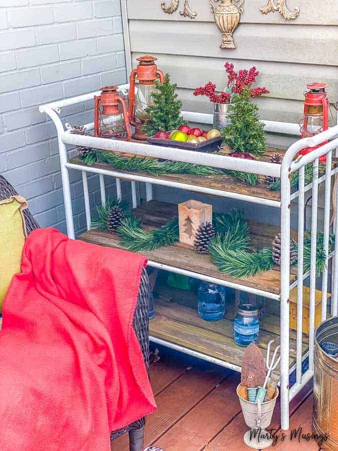 Potting table decorated for Christmas outside