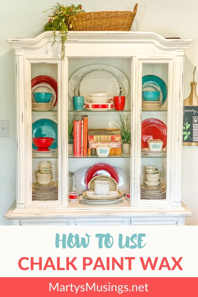 How to use chalk paint wax and white hutch with red and blue dishes