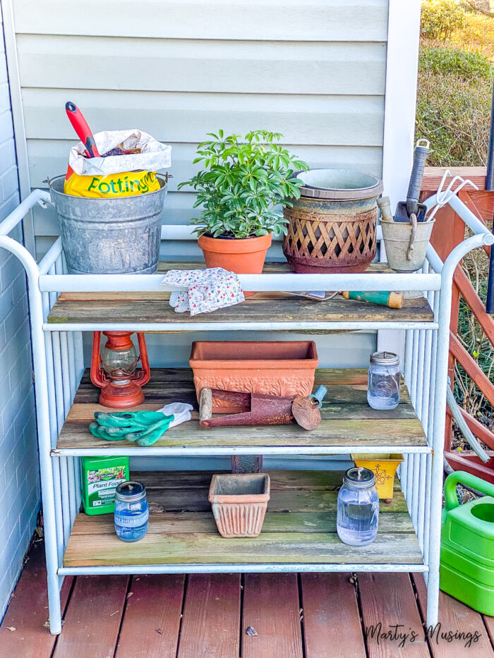 Changing table into potting bench with garden accessories