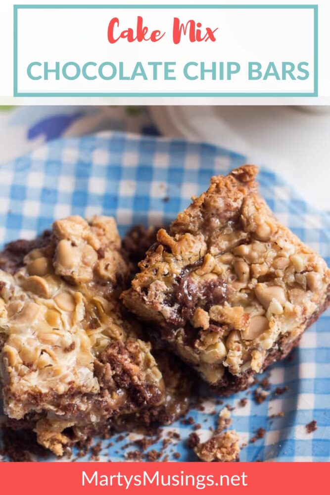 Cake Mix Chocolate Chip Bars on blue plate