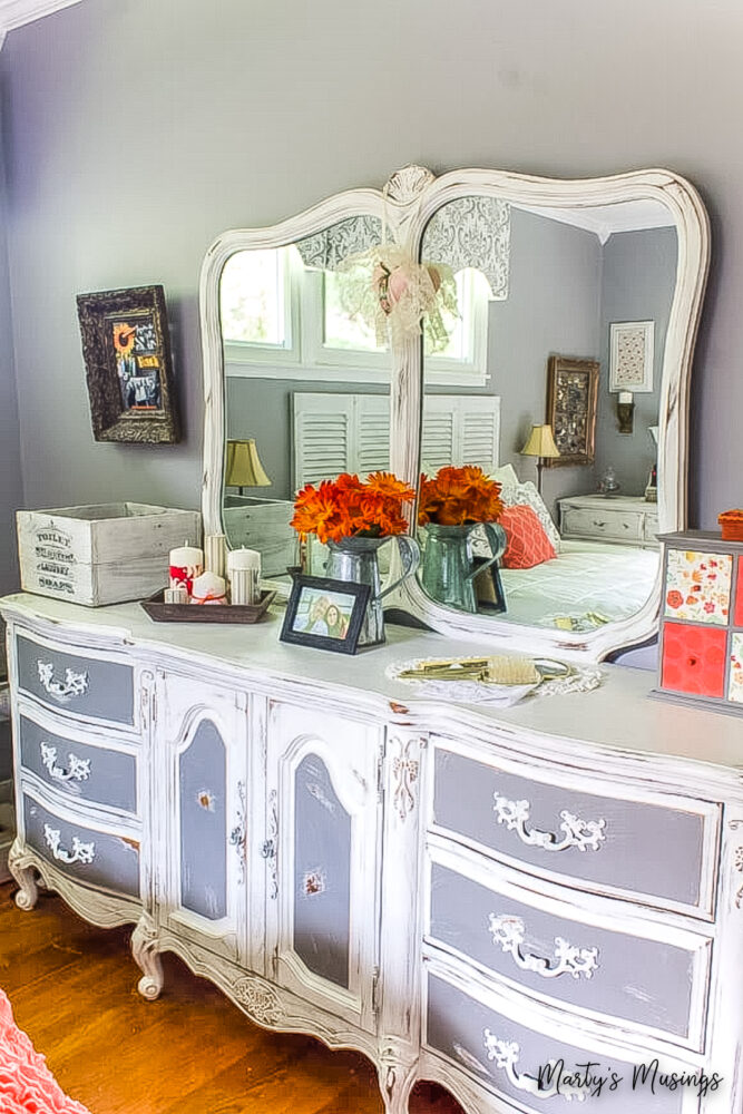 White and gray distressed dresser with mirror