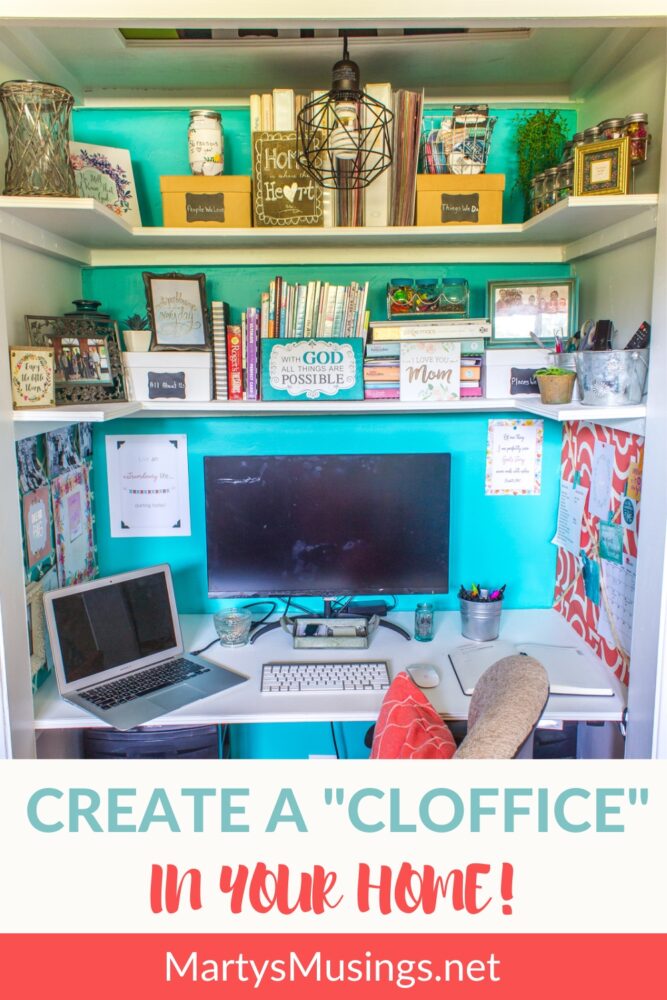 Teal back wall in closet with cloffice filled with office and desk supplies