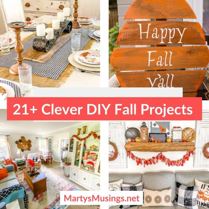 Ideas for fall projects with a table setting, wooden pumpkin and rooms decorated for fall