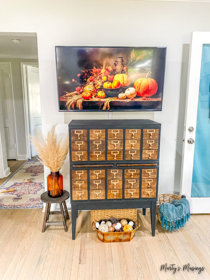 Card catalog with vintage pumpkins screen saver above