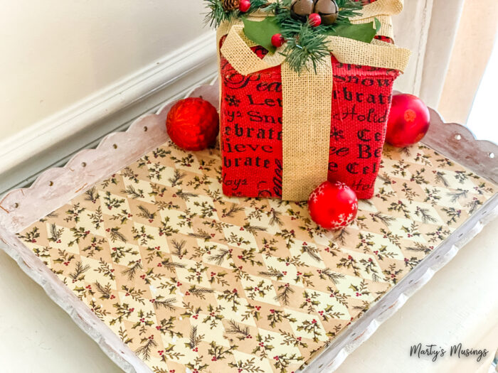 Whitewashed wood tray with Christmas decor