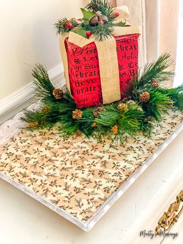 Wood tray with scrapbook paper and Christmas elements