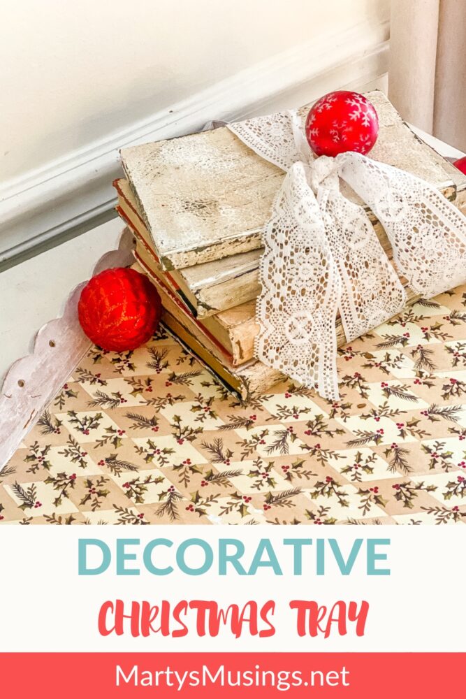 Wooden tray with scrapbook paper and Christmas decor